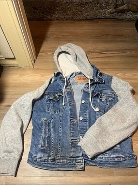 Levi's Blue Denim Jacket with Gray Hoodie Sleeves